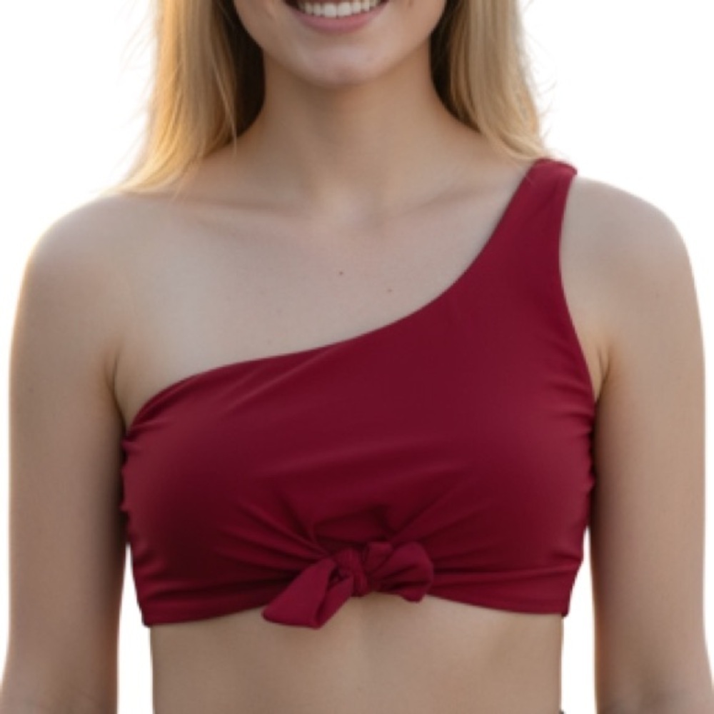 ZAFUL Berry Red One Shoulder Bikini Top Tied Peephole Padded Lined 4